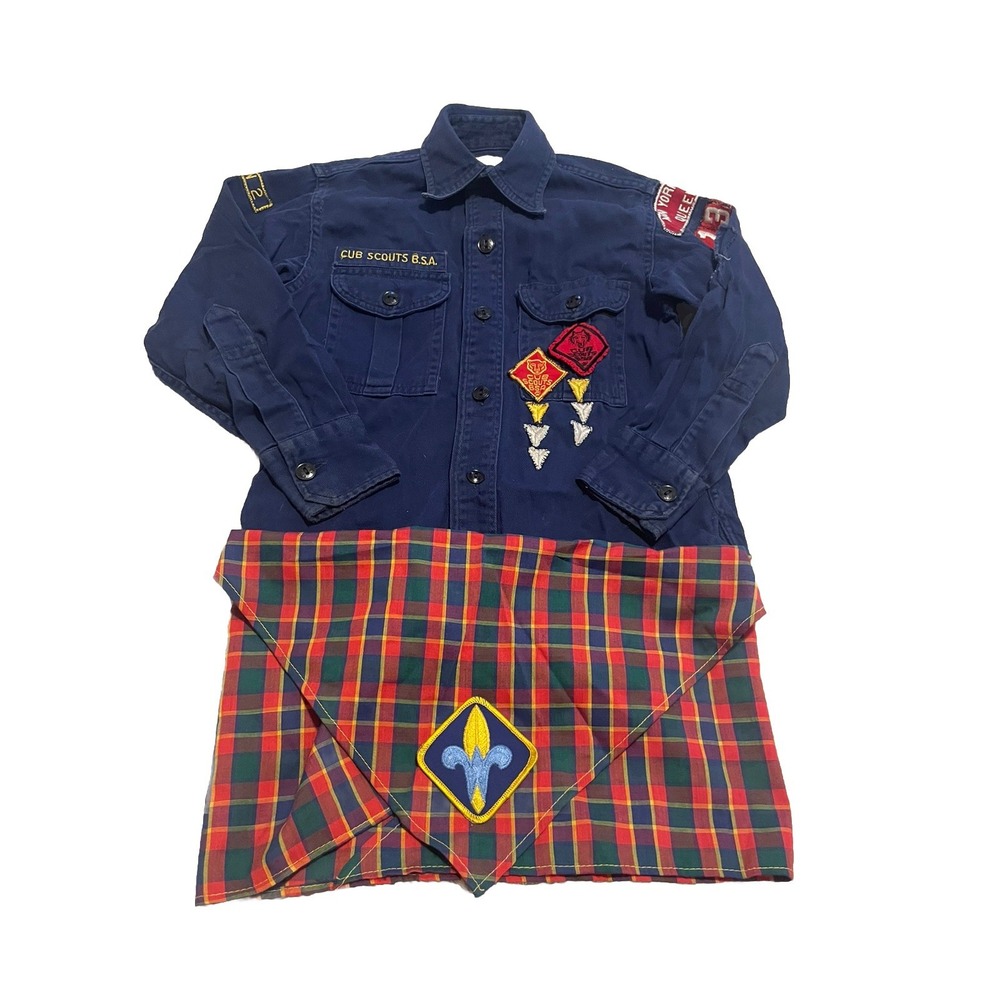 Vtg Boy‎ Scouts Queens NY Shirt Youth Small Blue 60s 70s Sanforized Cub W/Hankie